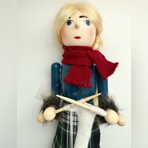 Plaid Skirt Knitting Nutcracker Doll Decor - Tags still on.